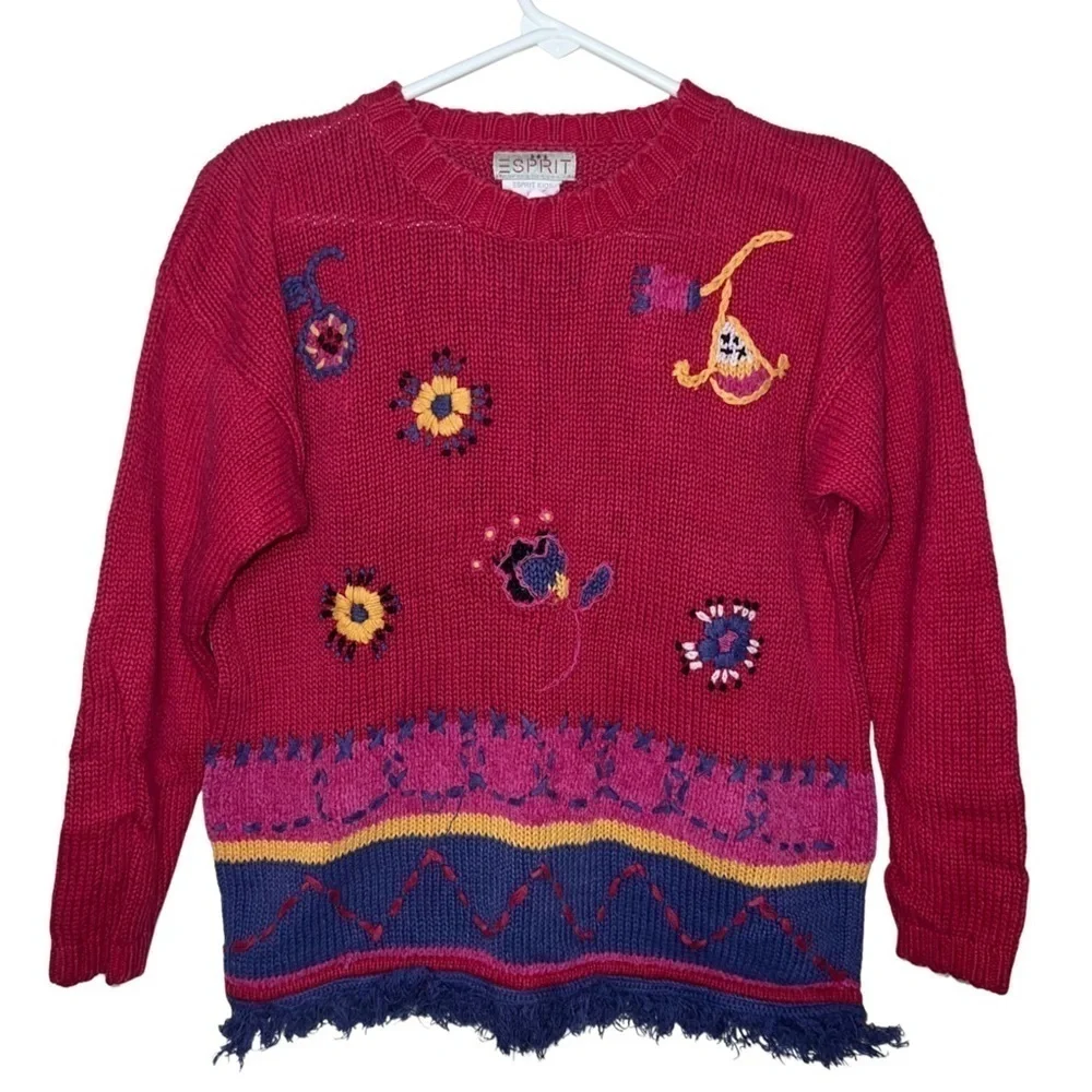 Vintage Esprit Kids Knit Fringe Hem Sweater Size Medium